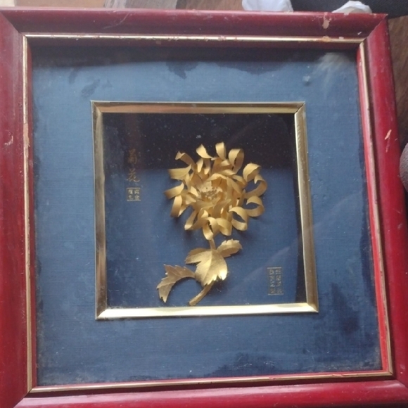 Gold Floral Wall Art in Red Frame - Picture 1 of 2